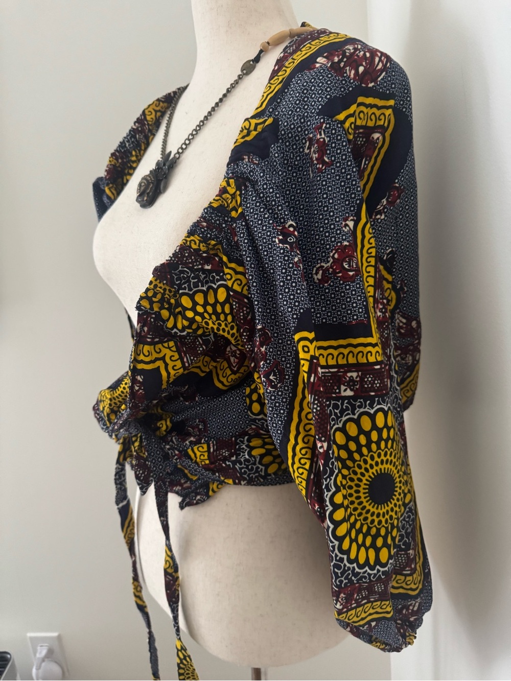 Vintage African Wax Print Wrap Top Puff Sleeve Boho Blouse - Picture 2 of 10